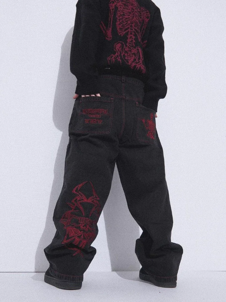 

Y2k Fashion Fully Embroidered Cotton Skull Slacks Men's Straight Leg Stylish Casual Pant Baggy Hip Hop Gothic Style Jean for Men