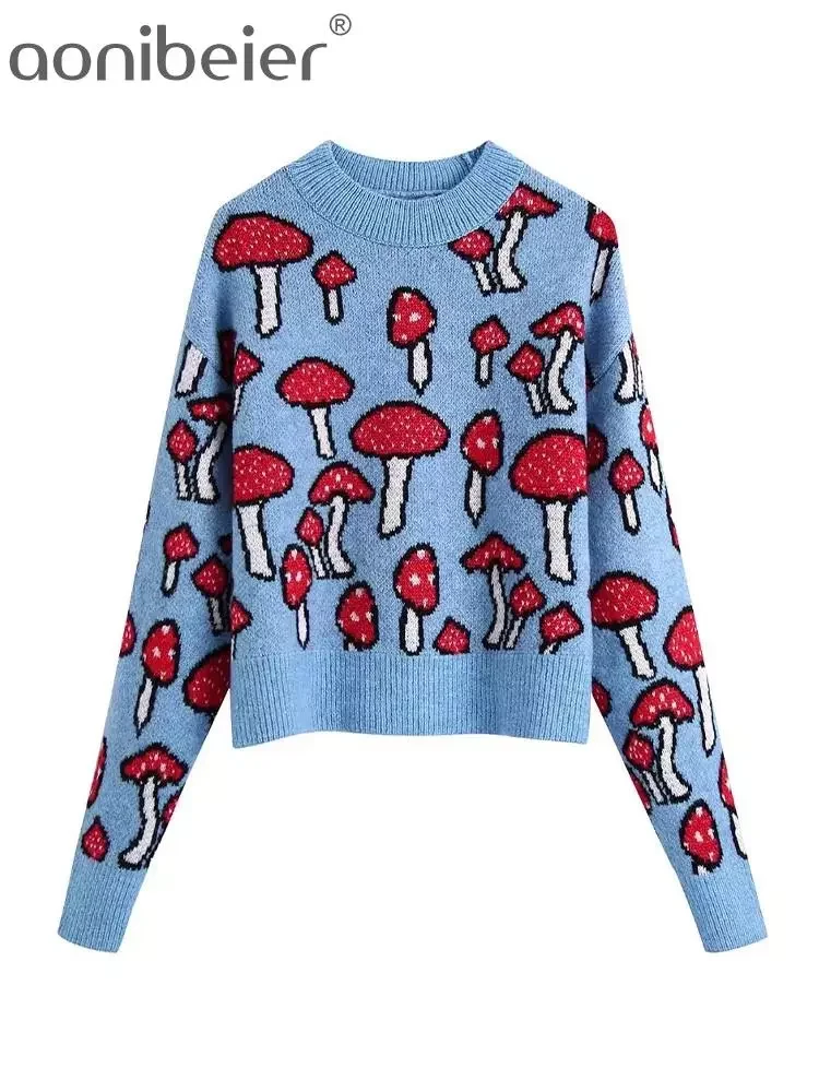 

NEW 2023 2022 Women Traf Crop Tops Spring Y2K O Neck Mushroom Jacquard Knit Jumper Harajuku Loose Sweaters Blue Pullovers