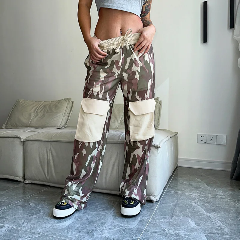 

Cargos Female Drawstring High Waist Wide Leg Pants Streetwear Women Trousers Mesh See Through Camouflage Pants