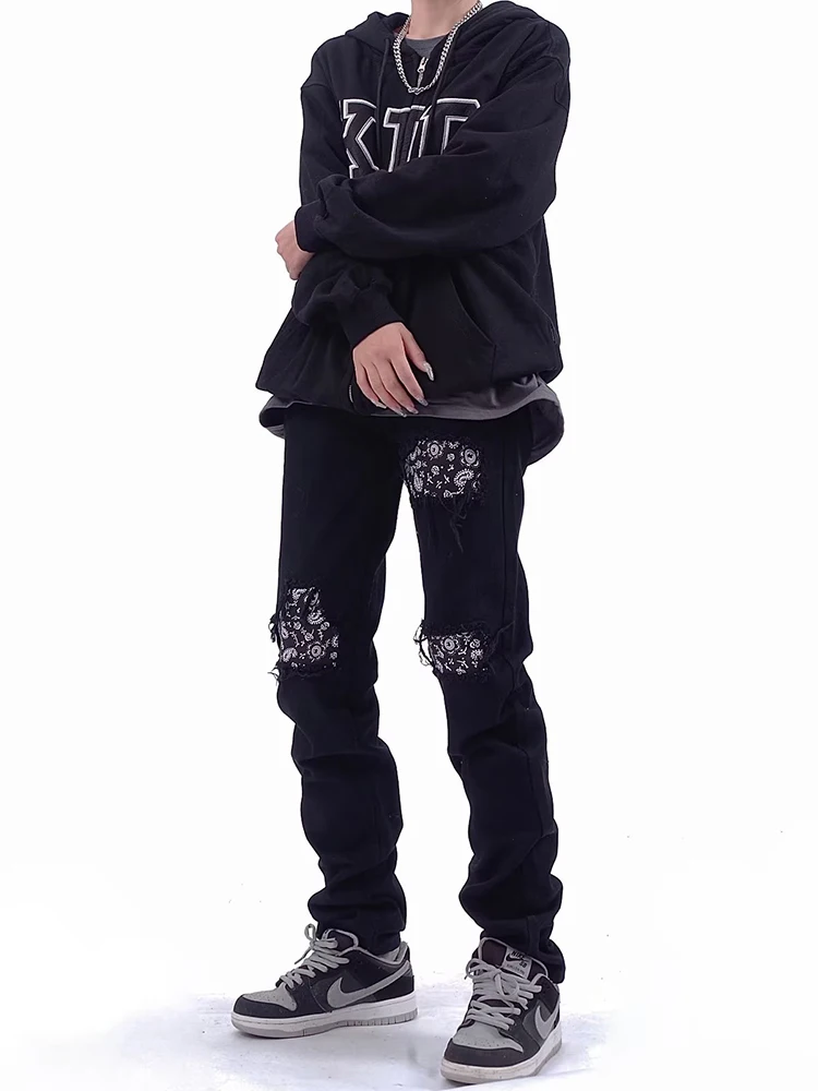 Hip -hop Street Clothing Men's Slim -fitting Elastic Pants Denim Jeans, Women's Straight Punk Gothic Pants Street Clothing Denim