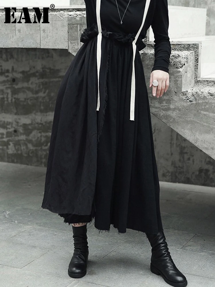 [EAM] High Quality 2023 Spring Autumn Black High Waist Vintage edge Spliced Fashion New Women's Strap half-body Skirt LA923