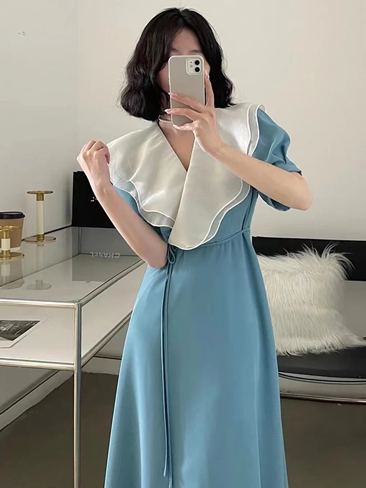 

New Summer French Retro Design Office Lady Double Ruffles Collar Dress Female Lace-Up Waist Slim Long Dress Green Evening Dress