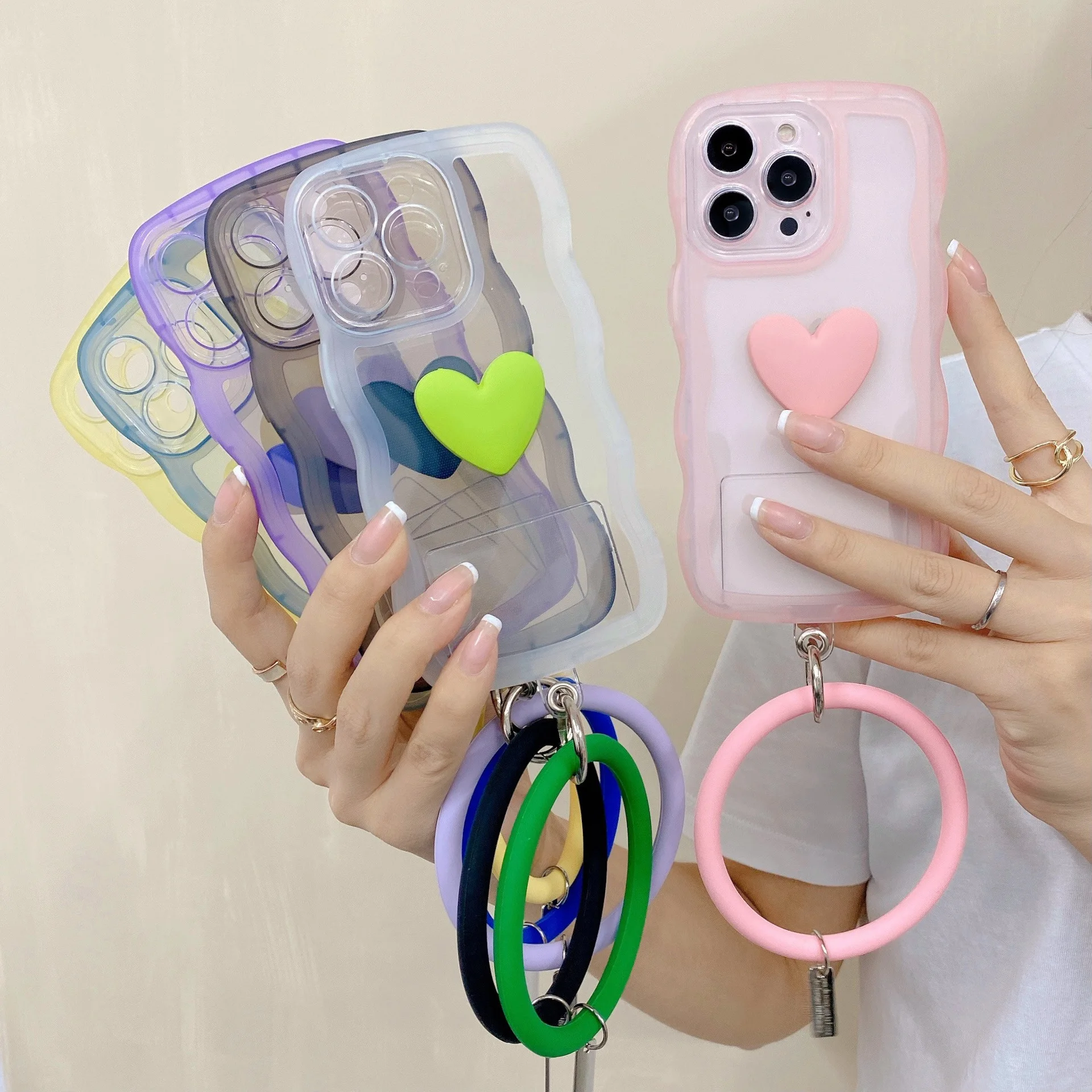 

Cute 3D Love Heart Big Bracelet Anti-Lost Phone Case For Xiaomi Redmi Note 9 Pro 9S Mi 10 11 11S 12 10S Soft Cover