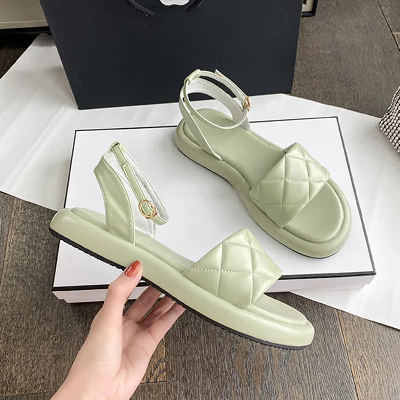 

Summer Checkered Woman Sandals Solid Sandals Soft Bottom Shoes Women Fashion Elegant Ladies Sandals Buckle Strap Leather Sandals