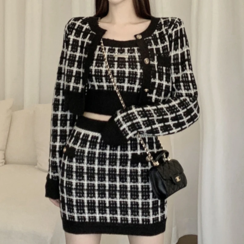 

Three-piece Women Sets Plaid Sweater O Neck Long Sleeve Snigle-breasted Cardigan Woman + Knitted Tank + High Waist Mini Skirt