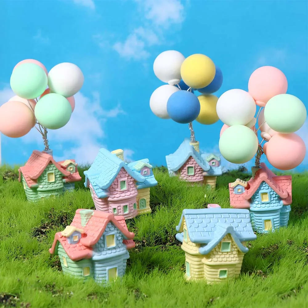 

Flying House Artificial Mini House Micro Landscape Decor Miniature Small House With Balloon Craft Ornament For Home Fairy Garden