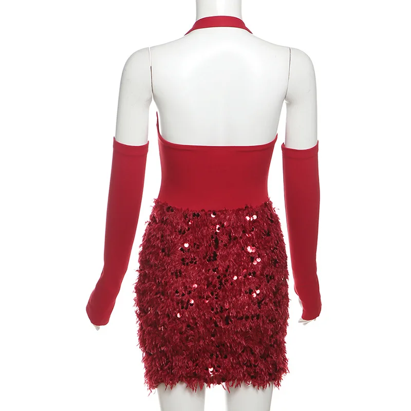 AniLV 2025 Новогоднее блестящее платье с бретелькой на шее пайетками рождественская