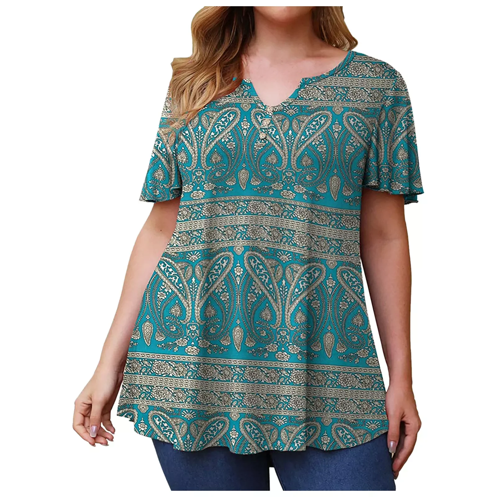 

Summer Woman T-shirt Loose vintage short sleeve button printed tshirts female Fat MM plus size women clothing large size tops