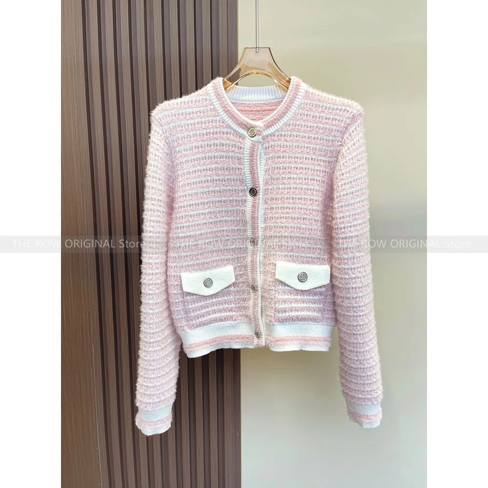 

23 years autumn and winter French sweet round neck plush knit top gentle wind pink jumper cardigan