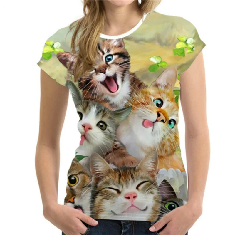 

Women's Kawaii cat print T-shirt, niche design short sleeve loose clothes, fashion street T-shirts for girls