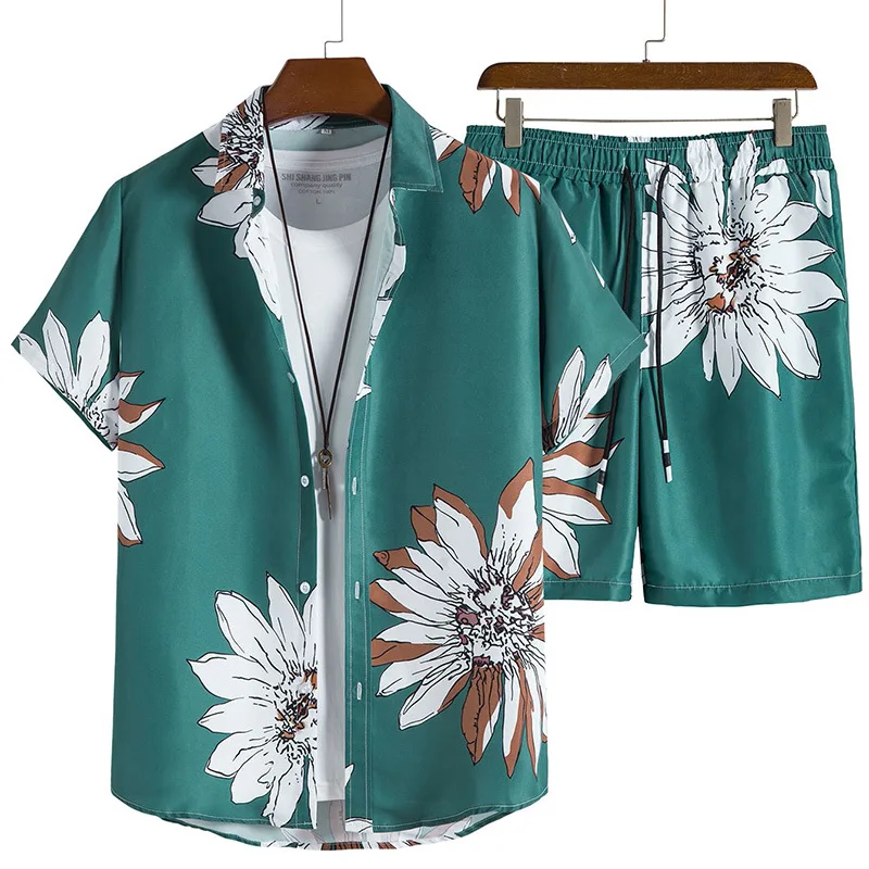 Floral Short-sleeved Shorts Shirt Suit For Men's Summer Oversized Five-half Sleeve Beach Two-piece Set
