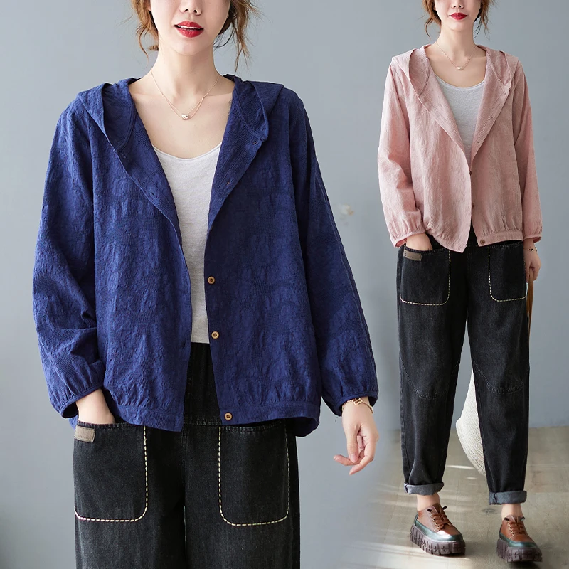 

2022 Cotton Linen Embroidery Loose Casual Hooded Cardigan Thin Coat Long Sleeve Top Women's Fashion