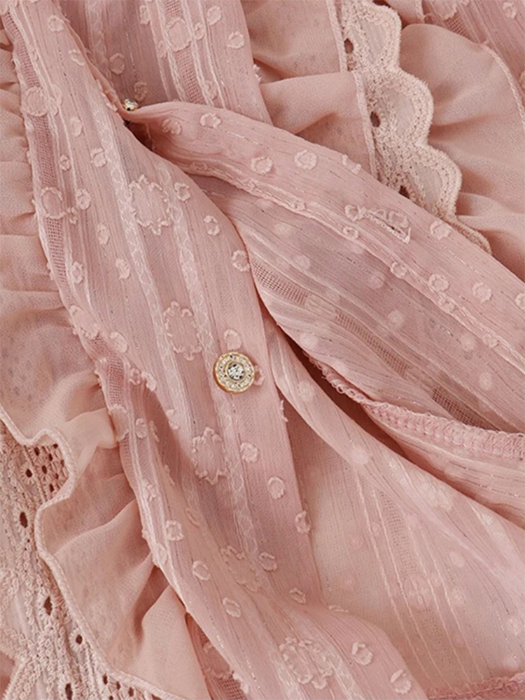 Женская кружевная рубашка в стиле Харадзюку розовая Элегантная блузка с длинным