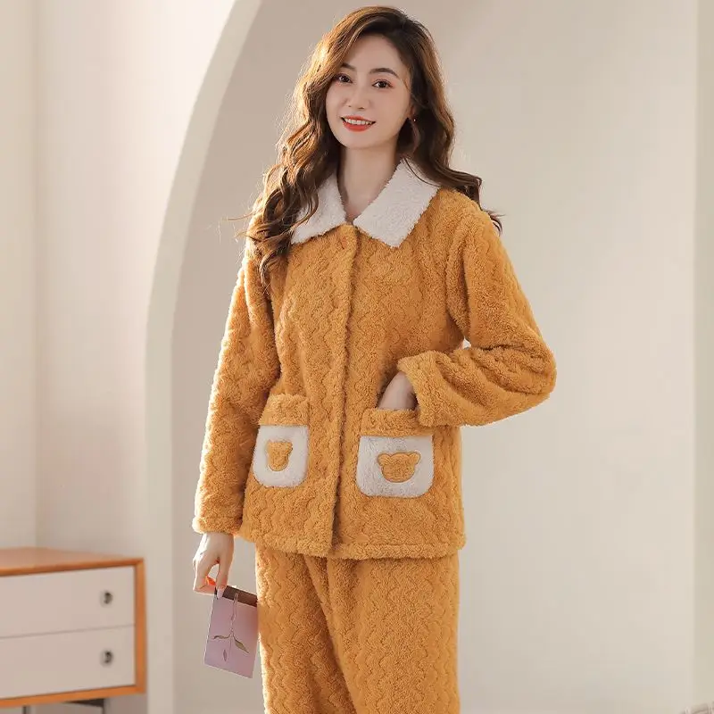 pajamas for women winter thicken warm long sleeve flannel nightwears woman two pieces sets sleepwear clothing female clothes