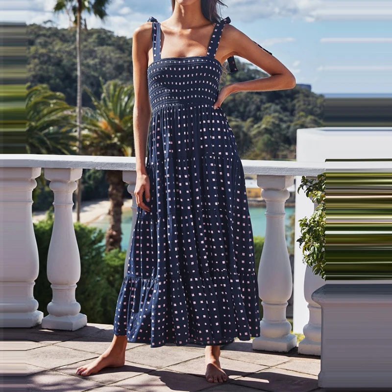 

OTEN Women's Vintage Wide Strap Sling Dress Casual Summer Strap Loose Print Long Dress Cozy Vacation Beach Women Dresses