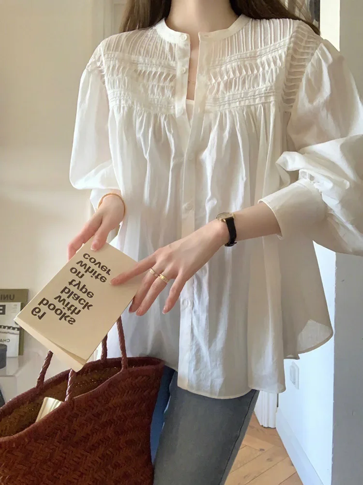 

Hikigawa 2023 Summer Vintage Solid Chic Fashion Blouse Sweet Long Sleeve O Neck Shirt All Match Casual Blusas Mujer De Moda