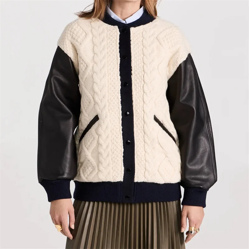 

Женский зимний пуховик, новинка 2023, корейская мода, контрастные вязаные пуховики из смеси шерсти, Топ с длинным рукавом, теплое плотное пальто