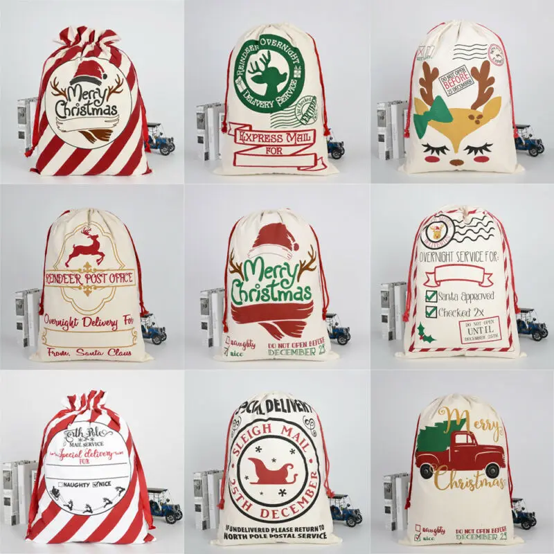 

11 StylesXmas Large Bag Christmas Stockings Bags Sacks Hessian Santa Gift Sack Decoration Candy Present Storage Drawstring Bag