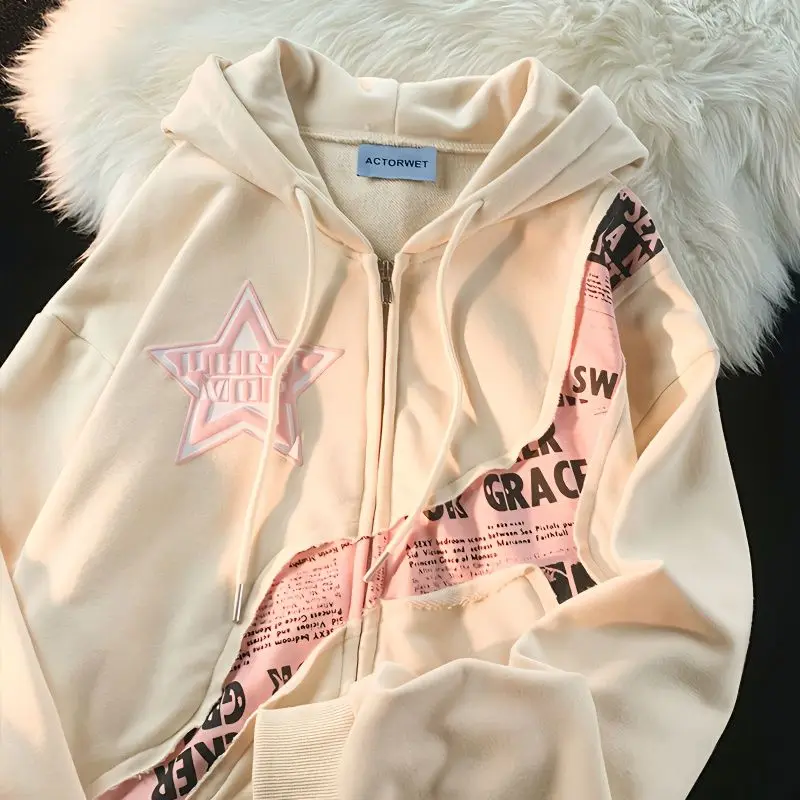 

ALANOS American Stars Alphabet Print Splicing Cardigan Hoodie Women Hooded Sweatshirt High-street Hip-pop Streetwear Loose Coat