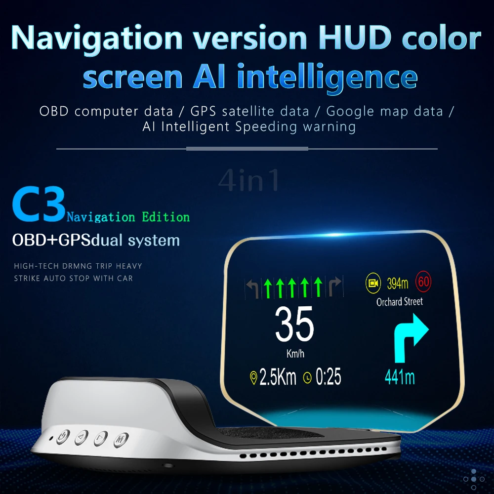 Фото Многофункциональный автомобильный HUD-дисплей C3 (OBD2+GPS+Навигация) с турбо-спидометром, датчиком оборотов и сигнализацией для легковых и грузовых автомобилей №2