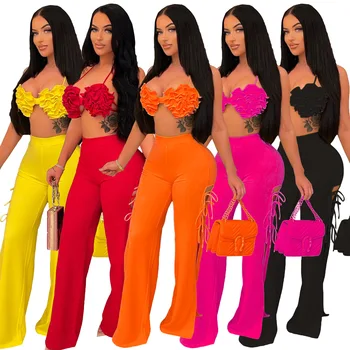 Summer Women 2 Piece Set Floral Bra Halter Crop Tops And High Side Split Lace Up Wide Leg Flare Pants Set Nightclub Party Suit 1