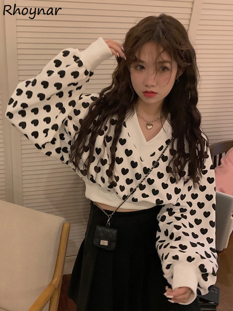 

Sweatshirts Women Heart Print V-neck Cropped Design Sweet Sexy Y2K Club Streetwear Retro Hot Girls Fashion Cool Youth Mujer Ins
