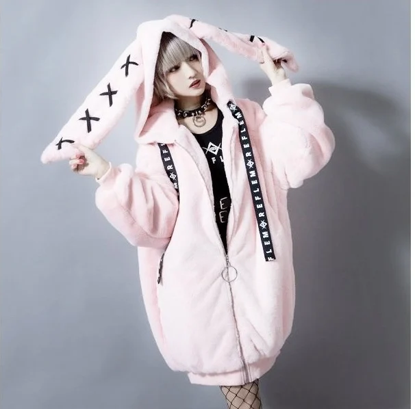 Japanese Cute Plush Coats Winter New Girl Sweet Rabbit Ears Thickened Warm Furry Cotton-Padded Coat Female Sweet Pink Fur Jacket