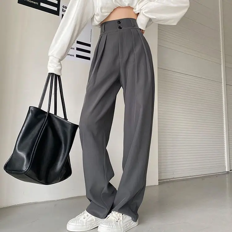 

Женские свободные брюки, повседневные однотонные длинные брюки с высокой талией и широкими штанинами, модель X33 в Корейском стиле на весну и осень, 2023