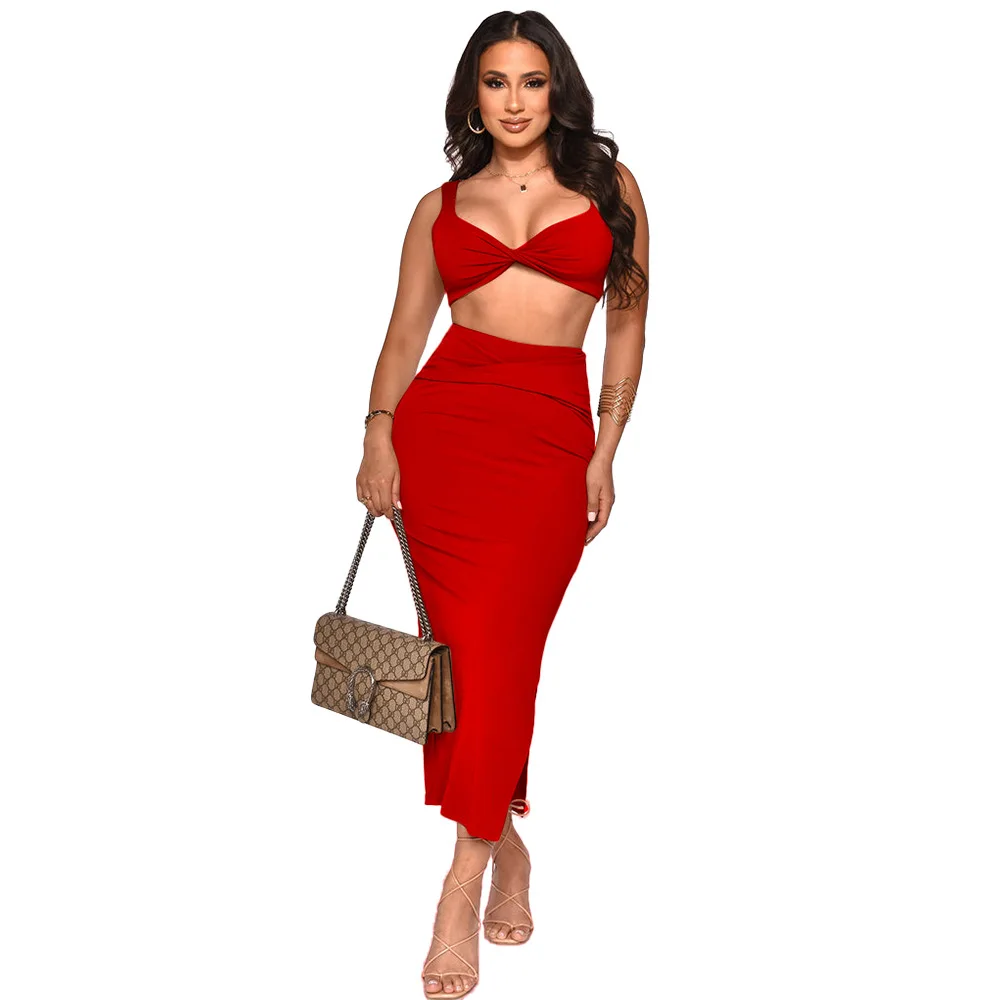 

Solid Simple Design Bra Tops With Long Skirts Elegant Women Suits