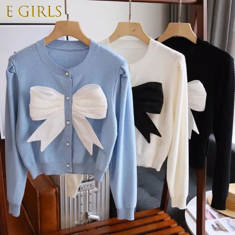 E GIRLS Korean Elegant Bow Cardigan Women Autumn Winter Cute Knitted Cardigan Jacket Long Sleeve Top sueter mujer