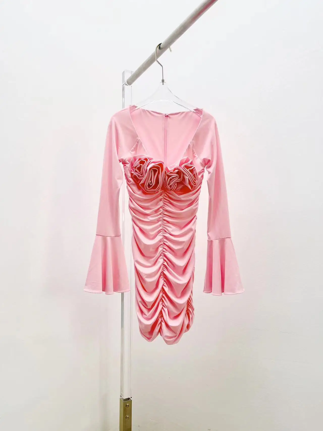 Fyion High Quality 2023 Summer Women Fashion Runway Vintage Holiday Mini Solid Pink Dress Ladies Slim Hot Sale Draped Dresses