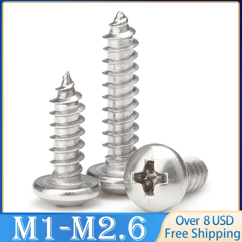 

100-500 pcs M1.2 M1.4 M1.5 M1.6 M1.7 M2 M2.2 M2.3 M2.6 Mini 304 Stainless Steel Cross Phillips Pan Round Head Self Tapping Screw