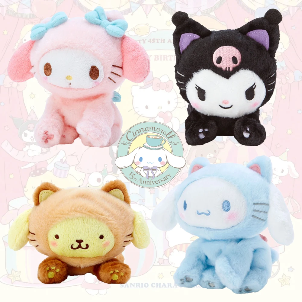 

Sanrio My Melody Kuromi Cinnamoroll Pom Purin Cute Plush Doll Cross Dressing Cat Kawaii Fluffy Soft Stuffed Toy Keychain Pendant
