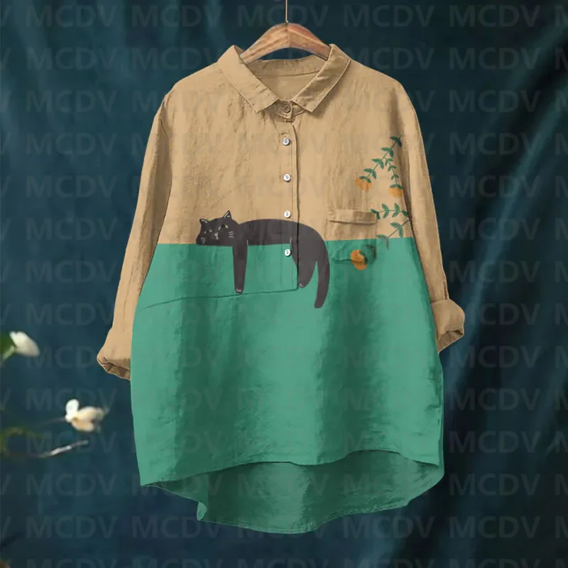 Женская повседневная блузка с лацканами и милым черным котом цветочным принтом