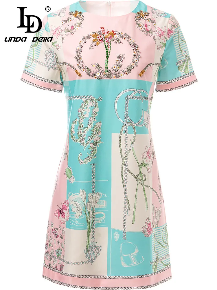

LD LINDA DELLA 2023 модное дизайнерское Летнее мини-платье для женщин с коротким рукавом, роскошное короткое платье с цветочным принтом и бисером