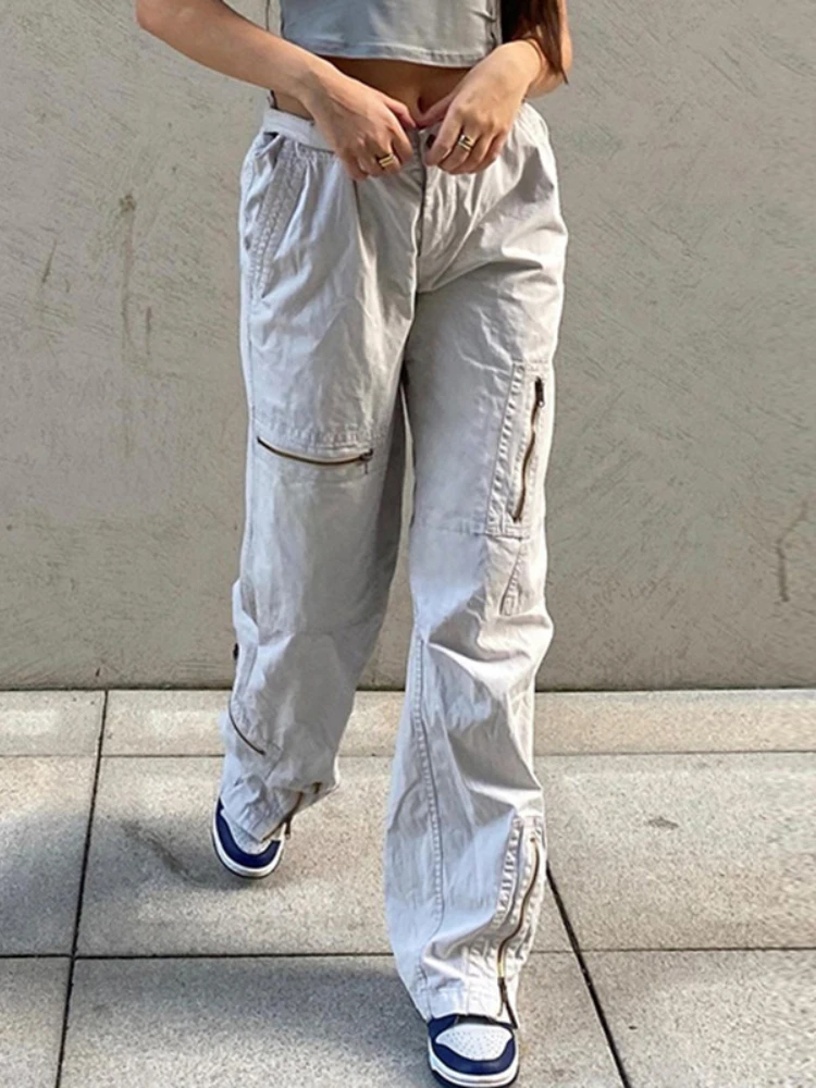 

Autumn New Style Personalized Fashion Zipper Pocket Solid Color Low Waist Jeans Straight Pants Overalls Casual Pants Trousers