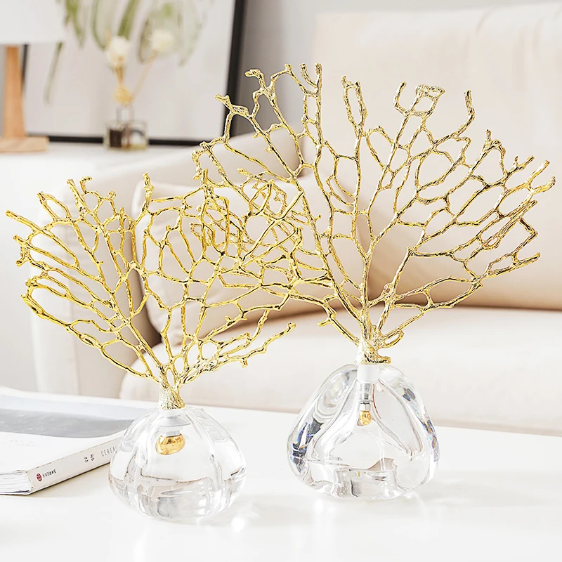 

Living Room Decor Ornaments Nordic Light Luxury Wind Crystal Coral Ornaments Metal Golden Coral Handmade Handicraft Furnishings