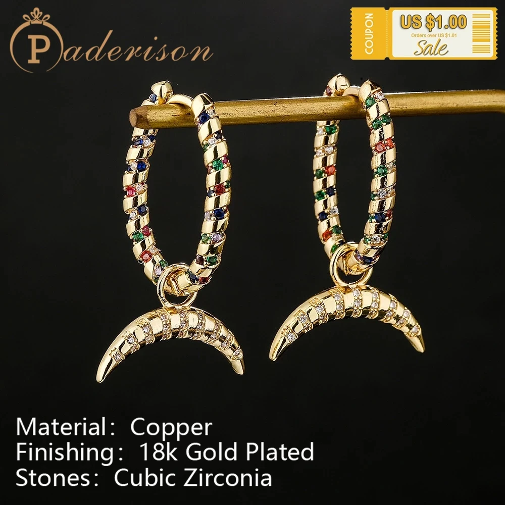 

Bohemian Geometric Drop Earrings For Women Vintage Retro Colorful Zircon Moon Earrings Copper 18k Gold-Plating Hoop Earrings