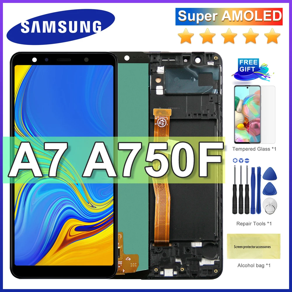 

ЖК-дисплей AMOLED для Samsung Galaxy A7 2018, цифровой преобразователь сенсорного экрана, запасная часть A750 LCD