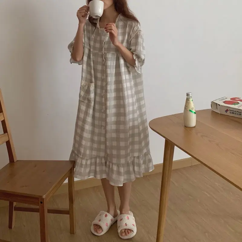 QWEEK Night Dress Women Sleepwear Korean Style Plaid Ruffles Nightgown Buttons Sleepshirt Summer Autumn Home Clothes Nightwear