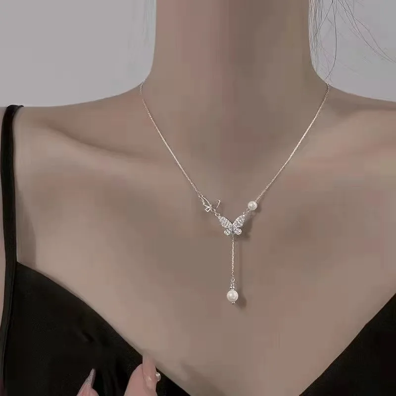

Delicate Butterfly Pearl Pendant Women Necklace Clavicle Chain Wedding Party Friendship Jewelry Female Fashion Gift Accessories