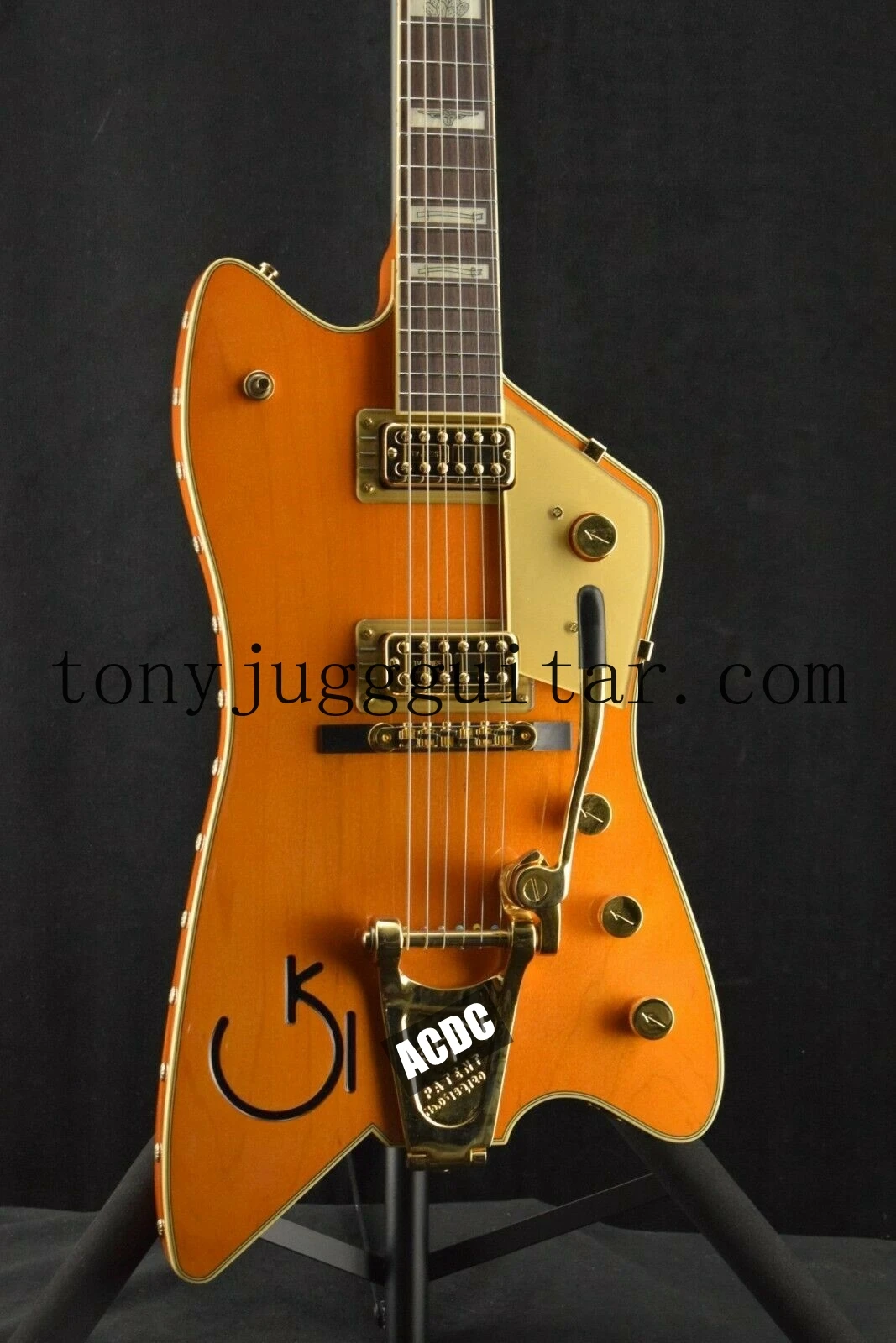 

Billy Bo Jupiter Orange Eddie Cochran Fire Thunderbird Electric Guitar Original G logo Knobs, Bigs Tremolo Bridge, Gold Hardware