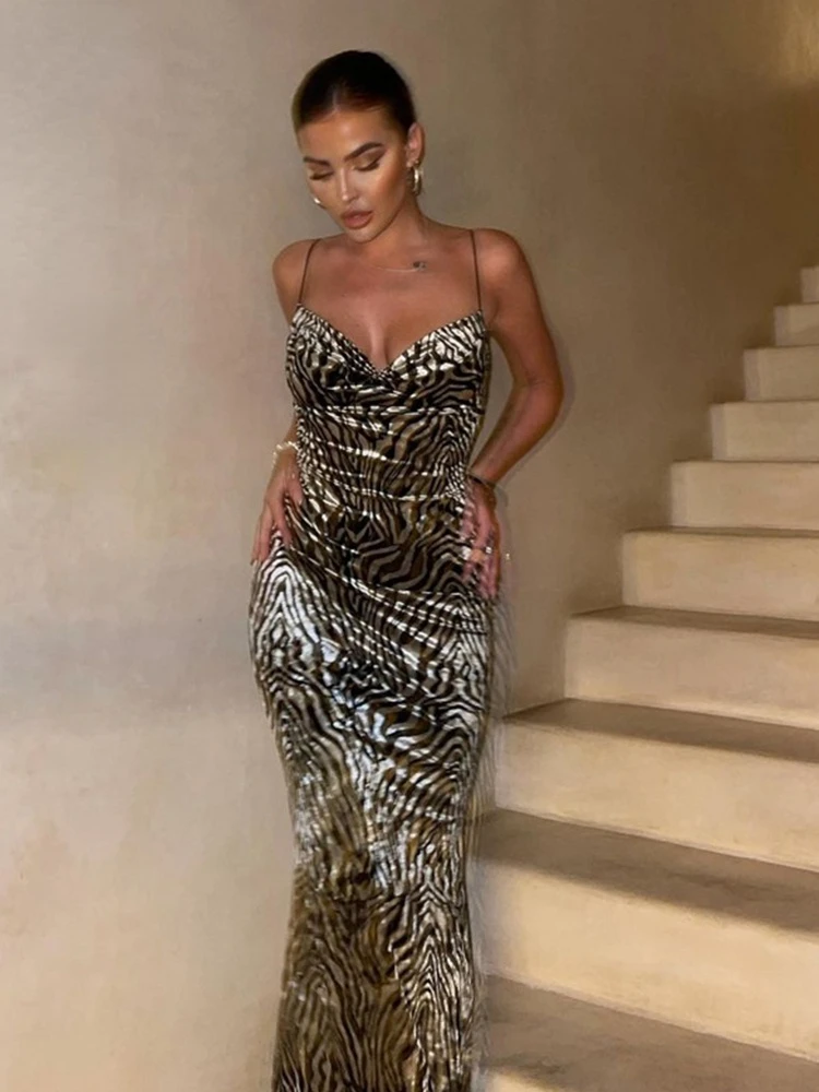 

Sexy Backless Striped Draped Maxi Dress for Women 2022 Summer Sundress Fashion Leopard Print Long Dresses Elegant Party Clubwear