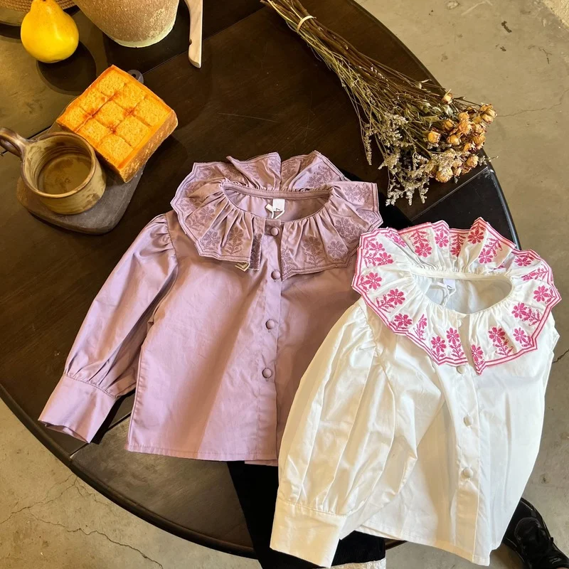 

Spring Autumn Girls Shirts Floral Embroidery Doll Collar Kids Blouses Baby Girl Cotton Tops