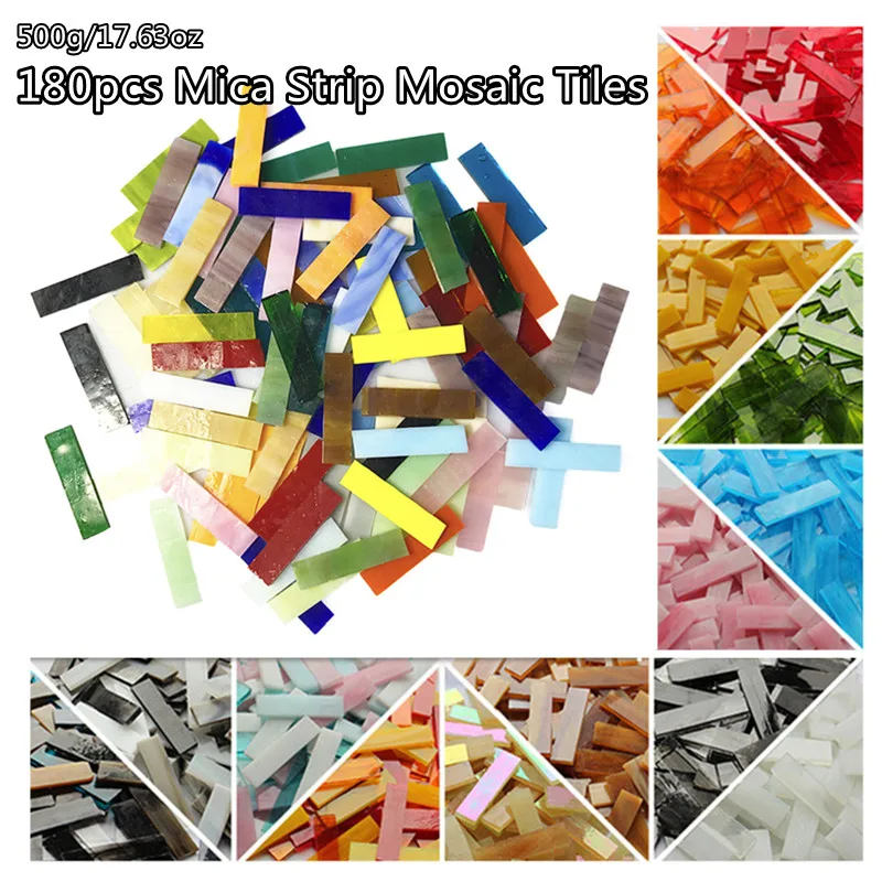 

500g/17.63oz (Approx. 180pcs) 1*4cm/0.39*1.57in Mica Mosaic Tiles 3mm/0.11in Thickness Transcluent Glass Strip DIY Mosaic Tile