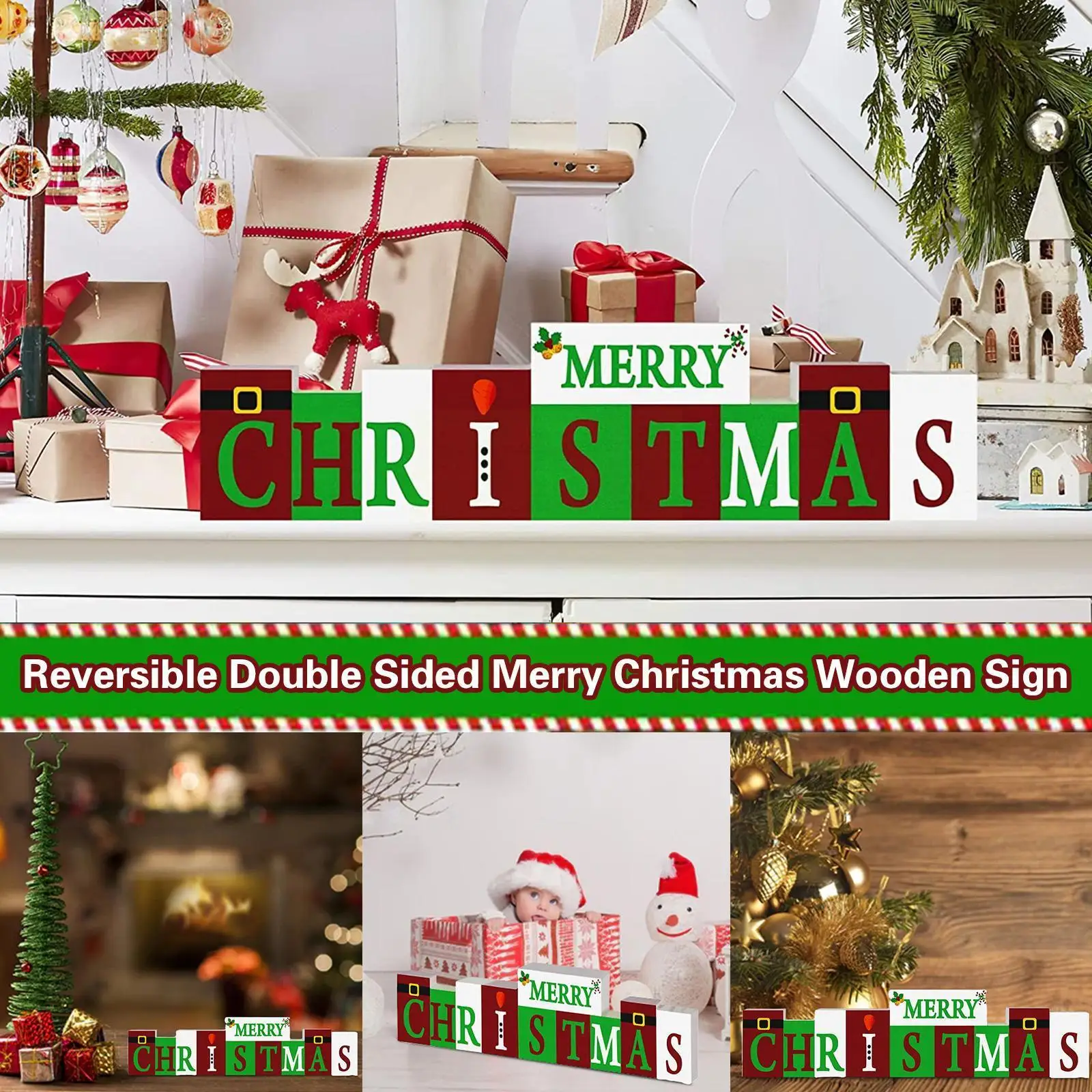 

Merry Christmas Decorative Wooden Sign Reversible Double Decoration Merry Wooden Farmhouse Table Sided Christmas Sign A9o7