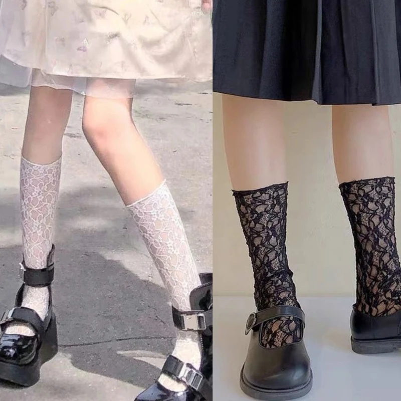 

Women Vintage Floral Lace Calf Socks Lolita Kawaii Sheer Mesh Hosiery Stockings