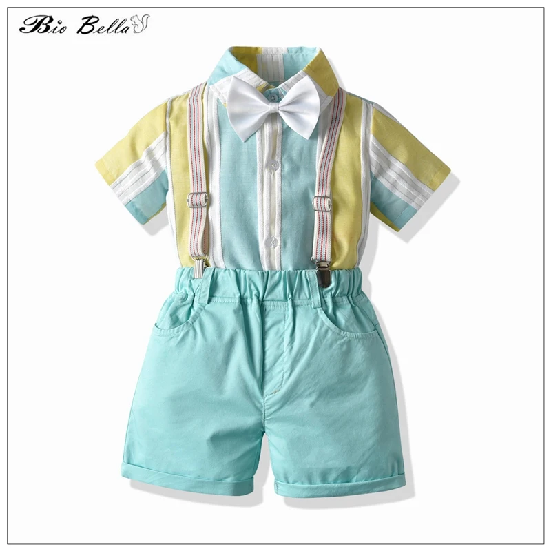 

Summer Baby Boys Clothes Set Striped Child 2023 Wedding Xmas Gentlemen Fashion 1-6 Year Outfits Shrot T-Shirt+Belt Pants Clothes