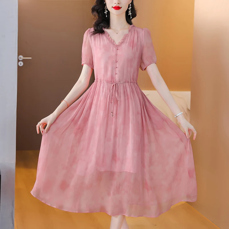 Женское винтажное шелковое платье свободного покроя повседневное однотонное