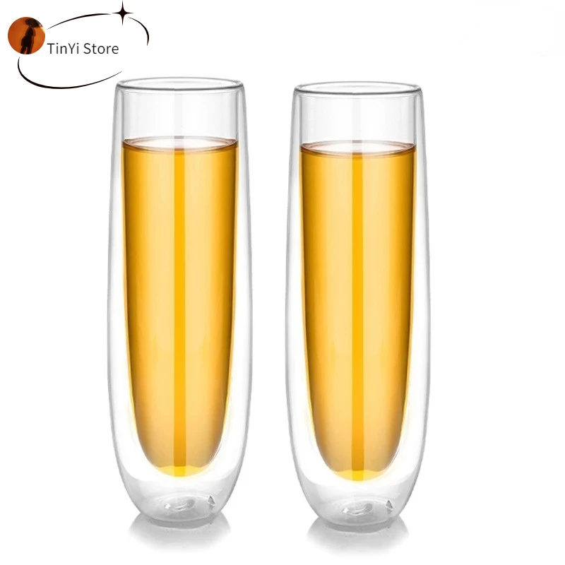 

150ml Double Wall Heat Resist Champagne Glasses Set Glass Cup Stemless Sparkling Wine Glasses Transparent Wine Flute for Wedding